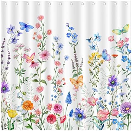 Renkli Çiçek Suluboya Çiçek Duş Perde Seti, Kelebek Kır Çiçeği Bitki Su Geçirmez Polyester Duş Perdeleri Banyo için