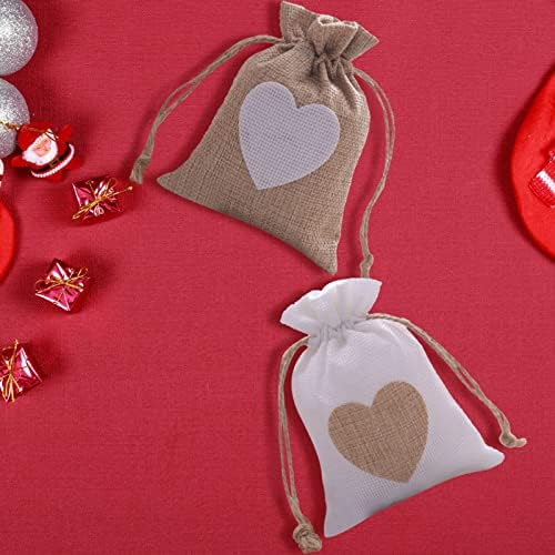 Çuval Bezi Çantaları 3.7 x5.1 İpli Kalp Çuval Bezi Hediye Çantası Şeker Torbaları Sevgililer Günü Düğünü için Keten