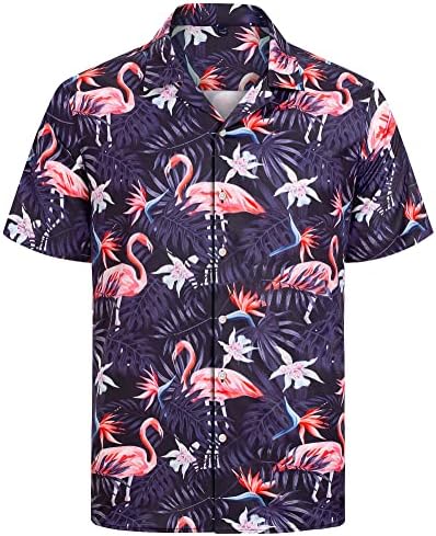 J. Ver erkek Flamingo Hawaiian Gömlek Çiçek Kısa Kollu Gömlek Tropikal Casual Düğme Aşağı Gömlek Plaj Tatil Tops