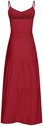 FEHLEGD Maxi Elbise Kadınlar için Plaj Tatil Yaz Spagetti Kayışı V Yaka Kolsuz Düğme Kravat Bel Katı Uzun Kayma Elbiseler