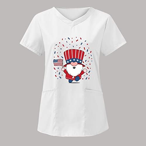 4th Temmuz Bluz Kadınlar için Abd Bayrağı Yaz Kısa Kollu V Yaka T-Shirt 2 Cepler Bluz Üst Tatil Rahat İş Giysisi