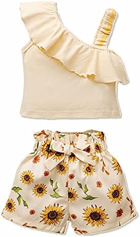 Toddler Kız Giysileri (12 M-5 T) bebek Kız yaz kıyafetleri Fırfır Kapalı Omuz kolsuz üstler Çiçek şort takımı