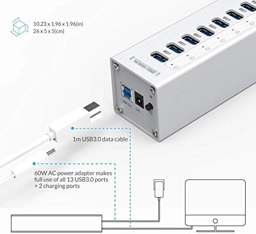 SLSFJLKJ Alüminyum 13 Port Çoklu USB3. 0 HUB Splitter ile 12 V/5A Bağımsız Güç Kaynağı 2 şarj portu