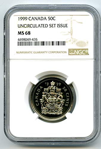 1999 Kanada 50 Cent Yarım Dolar ARMASI EN YÜKSEK NÜFUS=1 Yarım Dolar MS68 NGC