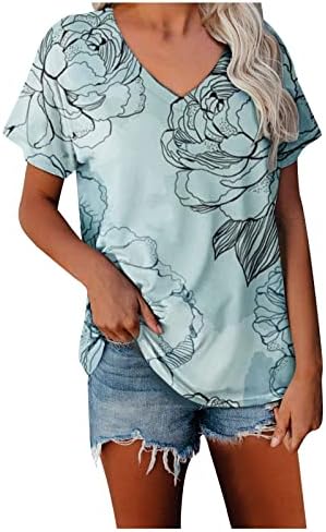 Bayan Slim Fit Tunik Üstleri Şık Rahat Kısa Kollu V Yaka T-Shirt Günlük Çiçek Tees Gömlek Bluz ve Gömlek Üst