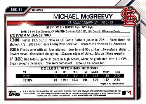 2021 Bowman Krom Taslak Refrakter BDC-91 Michael McGreevy RC Çaylak St. Louis Cardinals MLB Beyzbol Ticaret Kartı