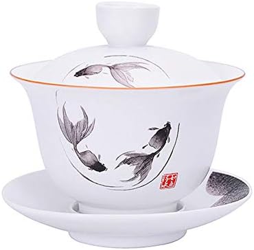 Porselen Gaiwan 8 oz Çay Fincanı Beyaz Sırlı Gezdirilir Çin Sancai Kapak Kase Dudak Fincan fincan tabağı seti (Balık)