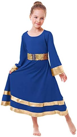 Küçük / Büyük Kızlar Metalik Altın Çan Uzun Kollu Övgü Dans Elbise + Sequins Kemer Liturjik İbadet Giyim Seti