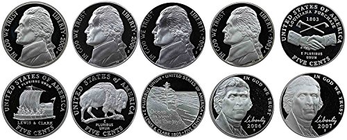2000 S Jefferson Nikel Gem Proof Run 10-Coins ABD, 2004 ve 2005 çift nikel serisi PR DCAM içerir