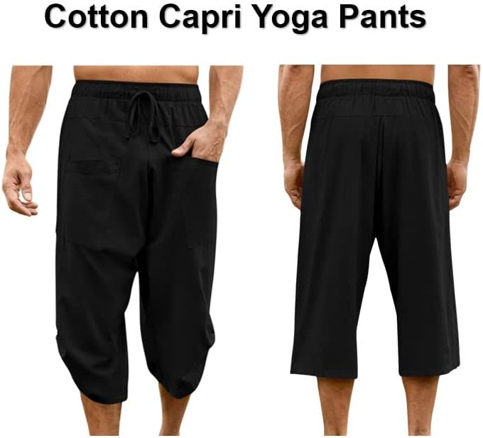 Gafeng Erkek Yoga kapri pantolonlar Rahat Elastik Bel İpli Spor Pamuk Keten Boho Harem 3/4 cepli pantolon