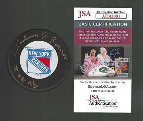 Johnny Bower İmzalı ve Yazılı New York Rangers Hendek Diski Altın JSA COA İmzalı NHL Diskleri