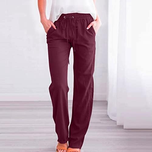 Rahat Yaz Pamuk Keten Pantolon Kadınlar için Geniş Bacak cepli pantolon Baggy Düz Renk Düz Bacak Pantolon plaj pantolonları