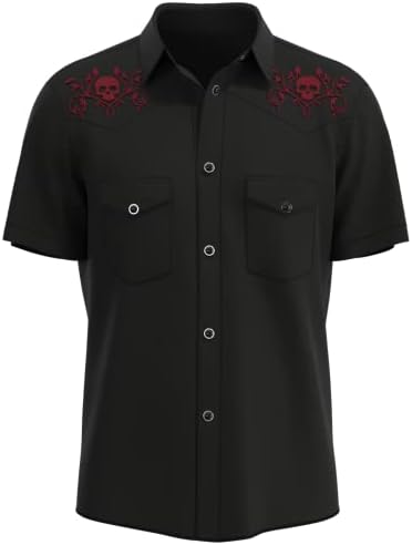 Viski ve Şarap erkek ABD Yapımı Rockabilly Gömlek - Siyah Batı Kovboy Kısa Kollu İşlemeli Gömlek-Kafatası n Gül Mürekkebi