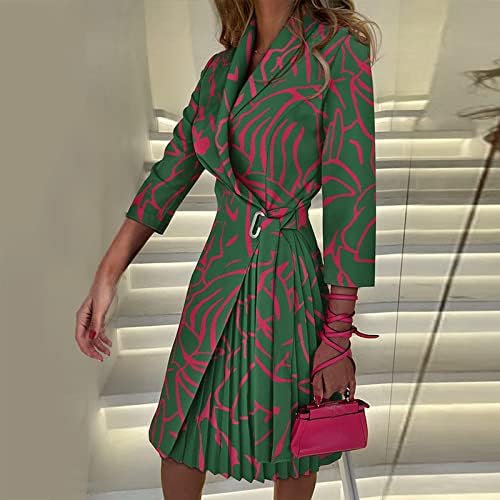 ıCODOD Elbise kadın 2023 İlkbahar Yaz Artı Boyutu Baskılı Çarpıntı Uzun Kollu Pilili Elbise Kemer ile Kadınlar için