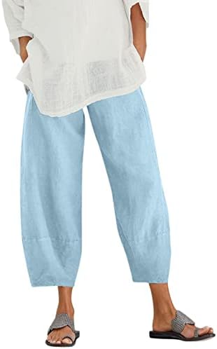 MtsDJSKF Artı Boyutu kapri pantolonlar, Geniş Bacaklı Yüksek Belli İş Keten kapri pantolonlar Pantolon Cepler ile