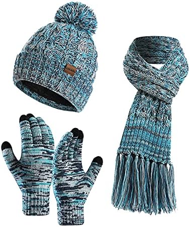 Kadın Pom ponponlu bere Şapka Eşarp dokunmatik ekran eldiveni Seti Renkli Kış Kalın Nervürlü Örme 3 Parça Mitten Setleri