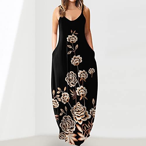 UBST Rahat Kolsuz Maxi Elbiseler Kadınlar için Artı Boyutu, Yaz Spagetti Kayışı Grafik Gevşek uzun elbise ile Cep