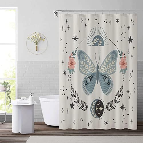 Decoreagy Teal Kelebek Duş Perdeleri Banyo için, Boho Kelebekler Çiçek Güneş Ay Duş Perde seti, Modern Soyut Estetik