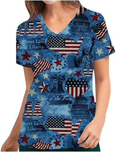 Bayan V Yaka Grafik Ofis Fırçalayın Üniforma Üst T Shirt Bayanlar için Sonbahar Yaz Cepler ile UH UH