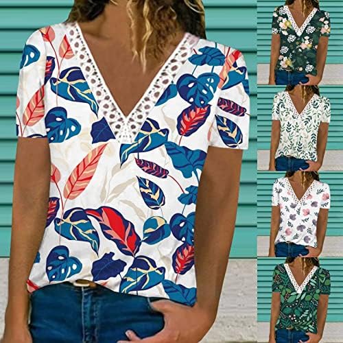 Hawaiian Gömlek Kadınlar için Şık V Boyun Üstleri dantel kesik dekolte Gömlek Çiçek Baskı Tees Gevşek Gömme Yaz Bluzlar