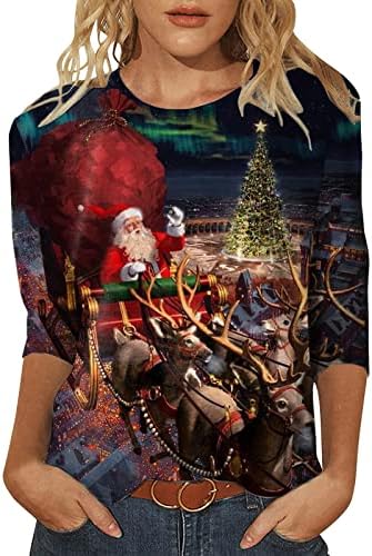 Noel Büyük Boy T Shirt Kadınlar için Bayan Günlük Noel Baskı sıfır yaka bluzlar Üç Çeyrek Kollu Yuvarlak Uzun Tees