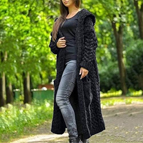 Kadınlar için büyük boy Kazak Artı Boyutu Kablo Örgü Uzun Hırka Açık Ön Uzun Kollu Kapüşonlu Ceket Ceket ile Cep