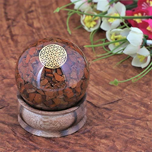Crocon Kırmızı Jasper Orgon Küre Topu Ahşap Standı ile Çiçek Sembolü Çakra Kristalleri Meditasyon Ev Dekor ve Ofis