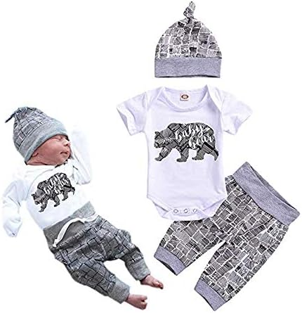 Unutıylo Yenidoğan Erkek Bebek Giysileri Bebek Ayı Mektup Baskı Romper + Uzun Pantolon + Şapka 3 ADET Kıyafetler Set