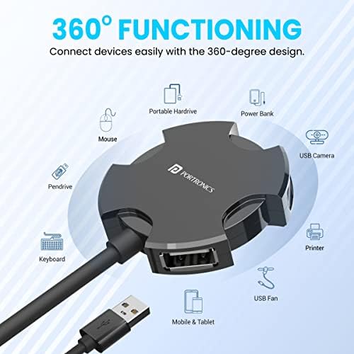Portronics Mport 4C 4USB Bağlantı Noktalı USB 2.0 Hub, 1,2 M Kablo Uzunluğu, Tak ve Çalıştır (Siyah)