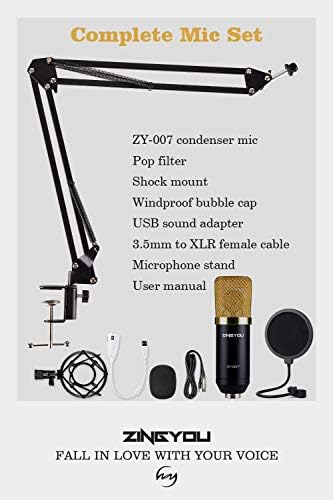 ZINGYOU Kondenser mikrofon paketi, ZY-007 Profesyonel Kardioid Stüdyo kondenser mikrofon ayarlanabilir süspansiyon