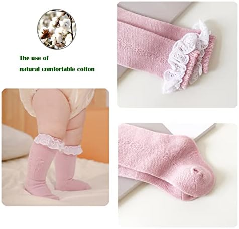 Yeshore Bebek Kız diz üstü çorap Yay Tüp Ruffled Örgü Pamuklu Uzun Çorap Bebekler ve Küçük Çocuklar için 5 Pairs