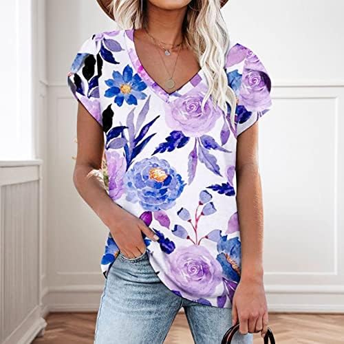 Koşu Uzun Kollu Gömlek Kadın Bayan Üstleri Yaz T Shirt Casual V Boyun Çiçek Baskı Petal Kollu Bluzlar Gömlek