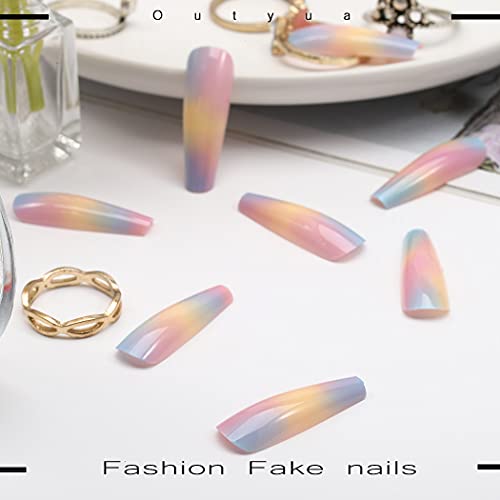 Outyua Renkli Tabut Ekstra Uzun Basın Çivi Tasarımları ile Parlak Akrilik takma tırnak Balerin Yanlış Tırnak Kadınlar