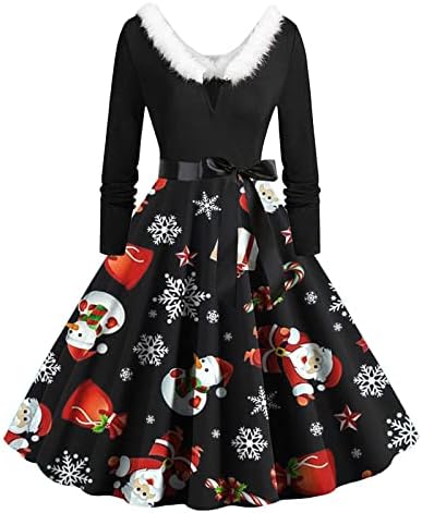Kadınlar için Vintage Noel Elbiseleri 2022, Kürklü V Boyun Uzun Kollu Rockabilly Kokteyl Parti Elbise Noel askı elbise