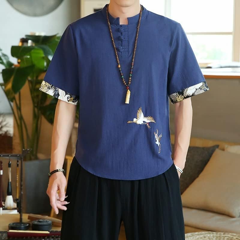 Vintage Vinç işlemeli tişört Çin Tarzı Hanfu Tee Üstleri Şort Tai Chi Kung Fu Üniforma Seti