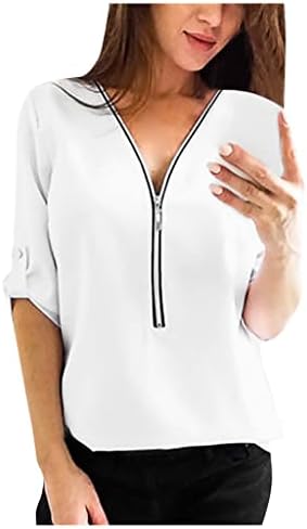 Bayan Sonbahar Yaz Tee Elbise Moda Uzun Kollu V Yaka Şifon Zip Up Casual Bluz T Shirt Bayanlar için EN EN