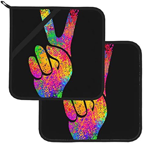 Hippi Sembolleri İki Parmak İşareti Zafer Cepli Tencere Tutucular Isıya Dayanıklı Mutfak Havluları ve Tencere Tutucu