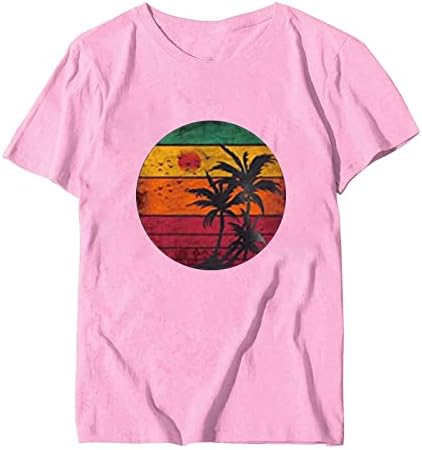 Plaj Gömlek Kadınlar için Hawaii Palmiye Ağacı Grafik Tees Renk Bloğu Kısa Kollu Bluz Tatil Vintage Gömlek Tops