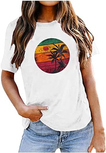 Plaj Gömlek Kadınlar için Hawaii Palmiye Ağacı Grafik Tees Renk Bloğu Kısa Kollu Bluz Tatil Vintage Gömlek Tops