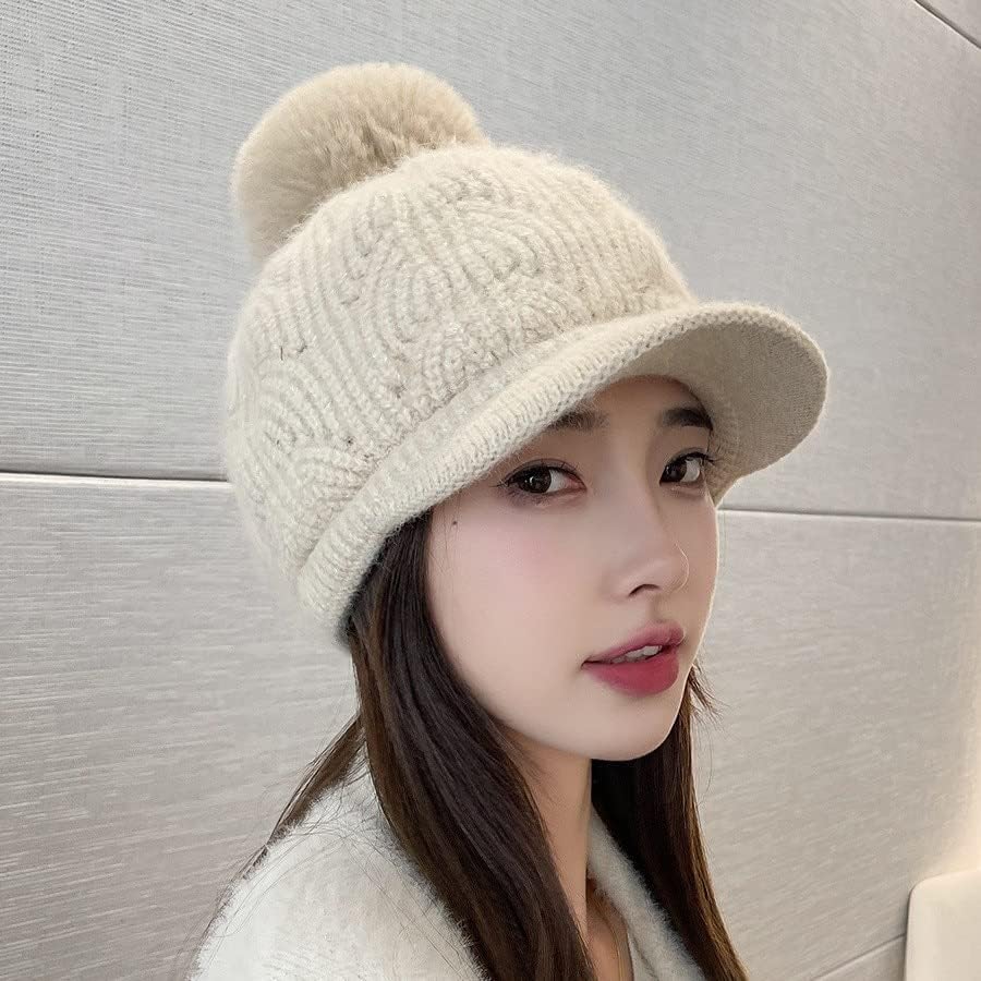 Kadınlar için Kışlık Şapkalar Ponponlu Örme Kap kulak Koruyucu Sıcak Bere Tutun (Renk: Bej, Boyut: 55-59cm)