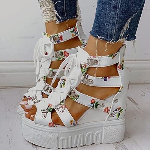 ıQKA gündelik kadın ayakkabısı platform sandaletler Oymak fermuar ayakkabı Çiçek Baskı Strappy Sandalet Streetwear