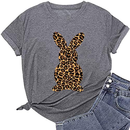 Kadın paskalya tavşanı Leopar Baskı T-Shirt Rahat Gevşek Grafik Tees O-Boyun Kısa Kollu T Shirt Üstleri Tatil için