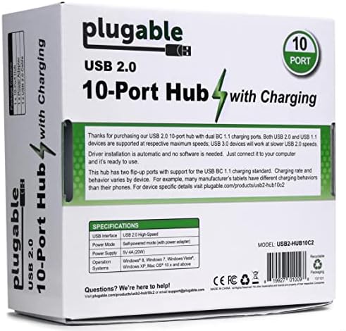 Takılabilir USB Hub, 10 Bağlantı Noktası - 20W Güç Adaptörlü USB 2.0 ve iki Açılır Bağlantı Noktası
