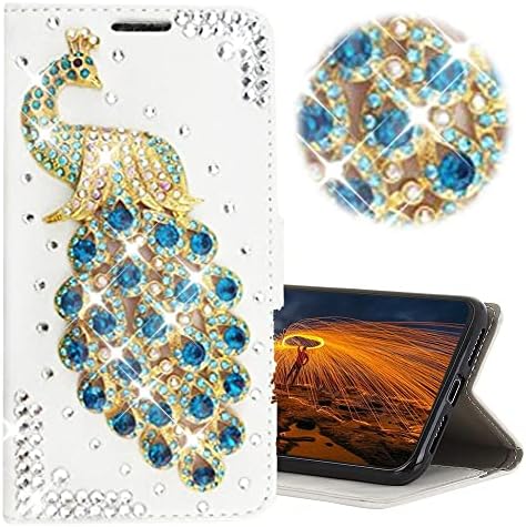Glitter Cüzdan Telefon Kılıfı Samsung Galaxy S22 Ultra 2022 ile Uyumlu, AS-Zeke 3D El Yapımı Serisi Tavuskuşu Taklidi