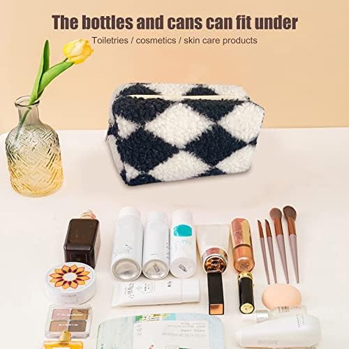 Havlu Kumaş Küçük Makyaj Çantası, Damalı Peluş Kozmetik Estetik Ekose Çanta, Sevimli Fermuar Seyahat Tuvalet Yumuşak