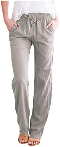 Keten Pantolon Kadınlar için, Kadın Hafif Rahat Pamuk ve Keten Katı İpli Elastik Bel Uzun Düz harem pantolon