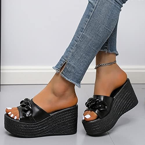 Bayanlar moda deri Metal zincir Platformu kama topuk balık ağzı sandalet Bayan saçak sandalet