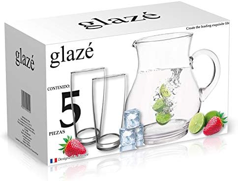 Glazé / 5 Parça Drinkware seti: El yapımı 1.5 Lt/50oz Cam Sürahi + her biri 350 ml / 12oz 4 içme bardağı. Dayanıklı